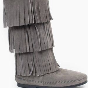 Minnetonka Gray Fringe Moccasins